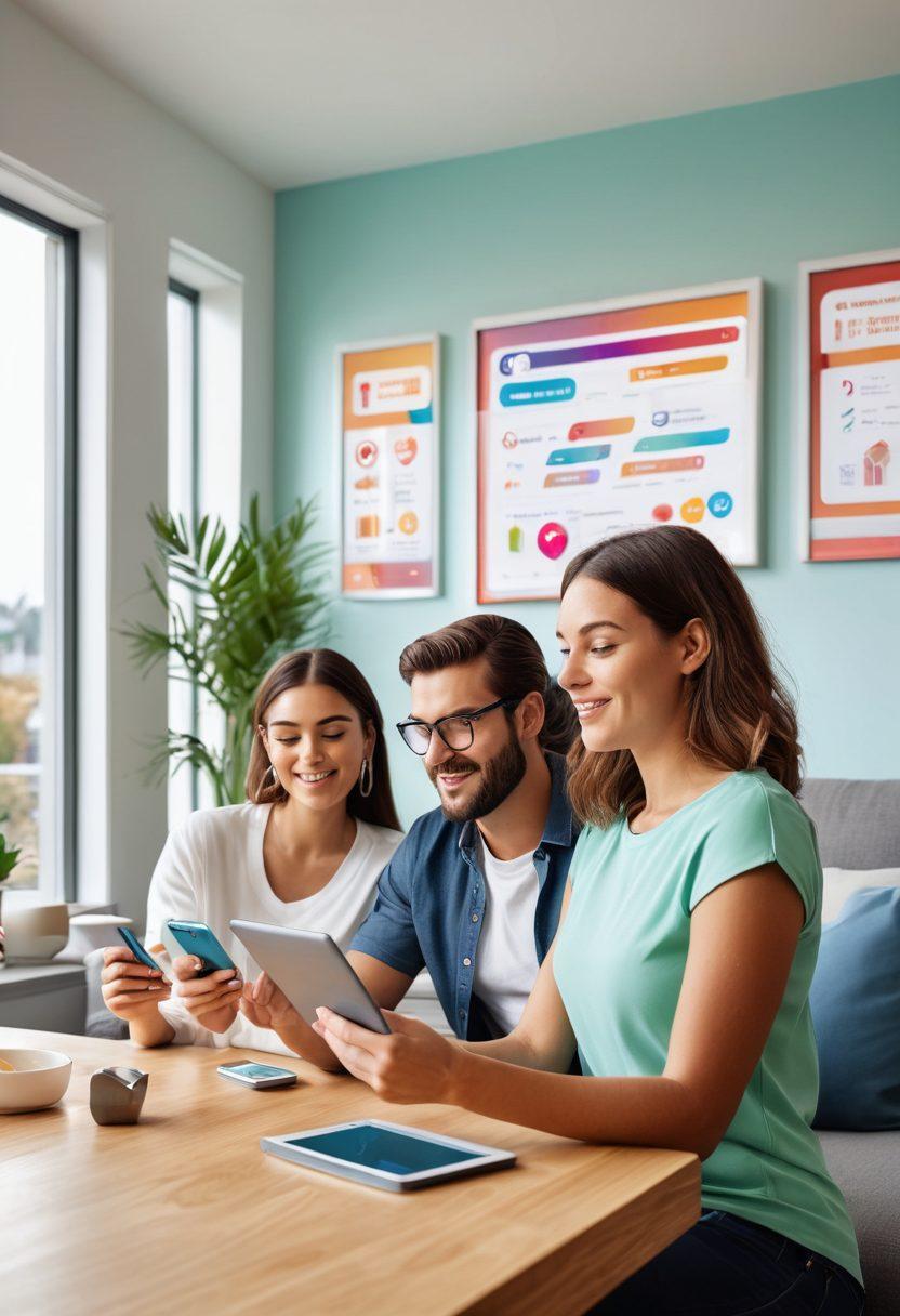 A young millennial couple analyzing various insurance options on a digital tablet in a modern living room, surrounded by floating icons representing health, auto, and home insurance, showcasing a visually appealing and organized workspace. Bright and inviting colors to evoke a sense of clarity and understanding. vector art. vibrant colors. minimalistic design.