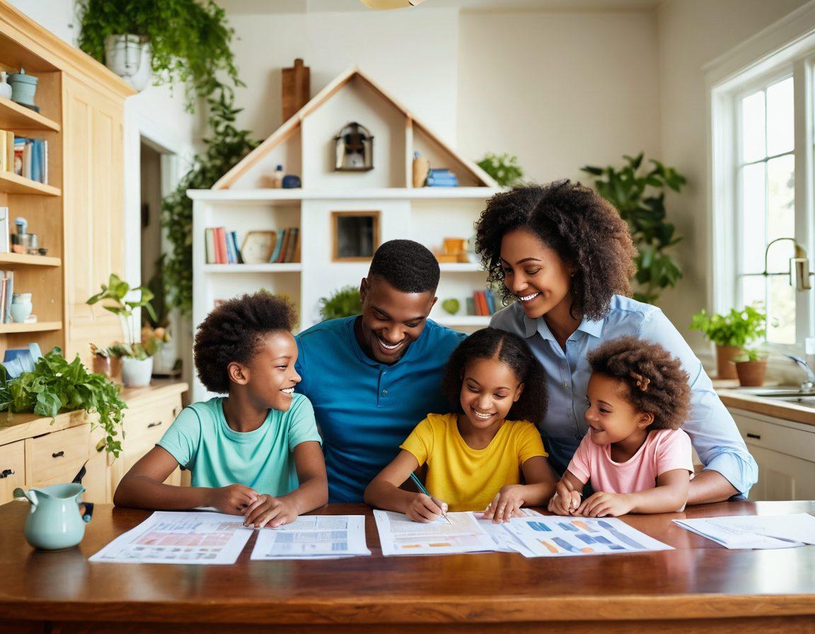 A warm, inviting scene depicting a young family in a cozy home setting, surrounded by symbols of security such as a sturdy house, a lock, and floating shields that represent insurance protection. The family, consisting of diverse parents and children, is happily planning together at a dining table filled with documents and colorful charts highlighting cost-effective insurance options. The background features lush greenery and a sunny sky, conveying a sense of safety and hope for the future. Vibrant colors. super-realistic.