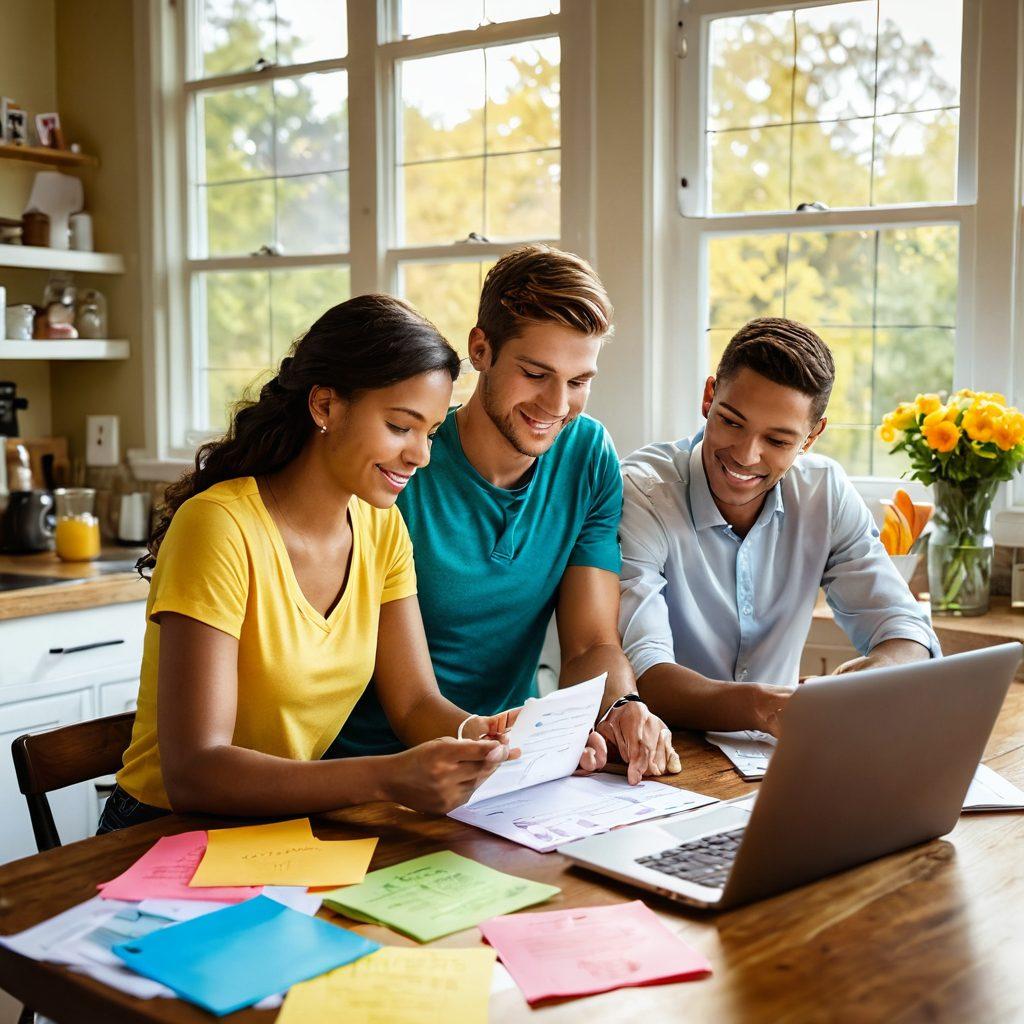 A young American couple reviewing insurance papers at a cozy kitchen table, surrounded by colorful sticky notes and a laptop displaying financial graphs. Bright sunlight streams through the window, creating a warm, inviting atmosphere that emphasizes hope and financial empowerment. Elements of affordability, such as dollar signs and insurance cards, subtly incorporated in the background. vibrant colors. soft lighting. realistic style.